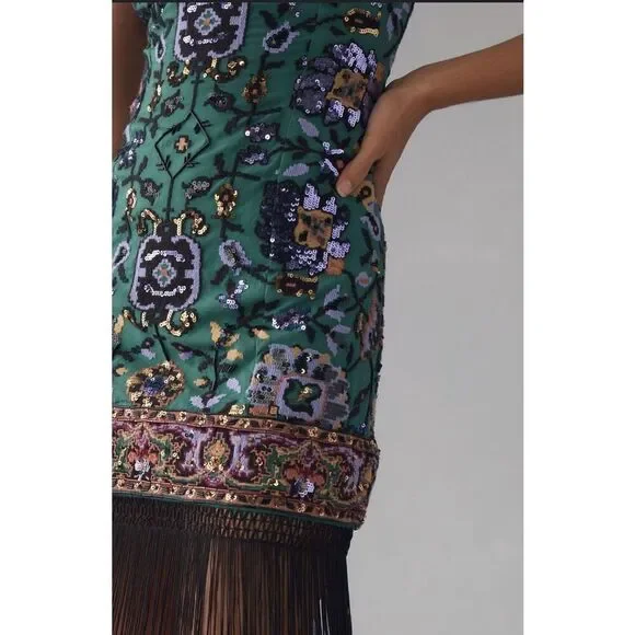 Anthropologie Slim Fringed Midi Dress Embroidered Beaded Fringe Size 14 NEW - Picture 4 of 5